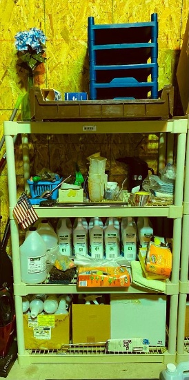 Plastic Shelving Unit with Misc Cleaning Supplies