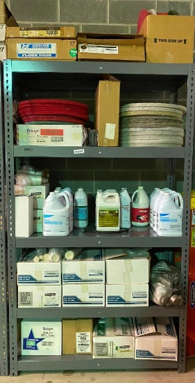 Shelves Full of Various Industrial Cleaning Supplies and Floor Pads