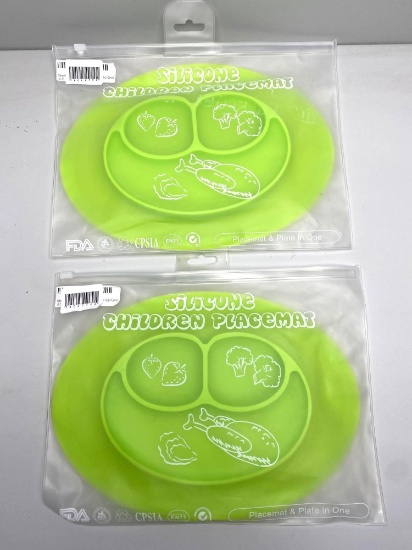 Neon Green Children's Happy Silicone Plate Mats (2)