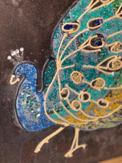 1968 Vintage Artwork of Embellished Peacock on Velour with Markings
