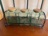 3 Kitchen Canisters with Cork Lids and Decorative Metal Rack