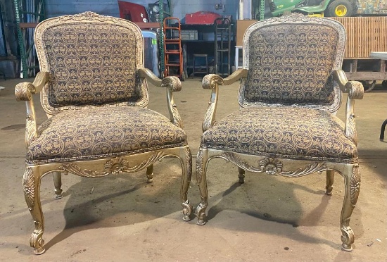 Louis XV Carved Open Arm Chairs with Metallic Embellishments