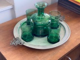 Green Glass Bar Set with Metal Tray