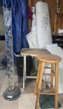 Wooden Stool, Foldable Standing Tray, and Decorative Tower of Plastic Fish