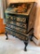 Hand Painted Chinoiserie Black Lacquer Secretary Desk with Drop Front and Original Key