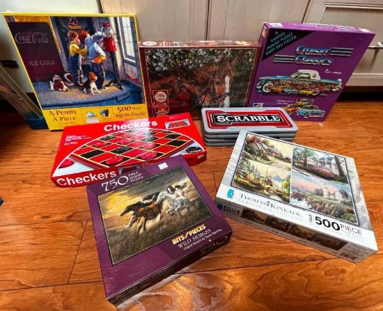 Family Game Night! Scrabble, Checkers, Equestrian & Thomas Kinkade Puzzles & More!