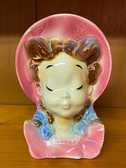 Royal Copley Girl Head head Vase with Pink Bonnet and Pig Tails