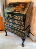 Hand Painted Chinoiserie Black Lacquer Secretary Desk with Drop Front and Original Key