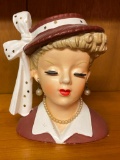Vintage Napco Lady Head Vase in Red with Pearl Earrings and Necklace