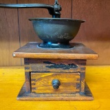 Antique Wooden Box Coffee Grinder with Iron Crank Handle