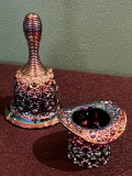 Fenton Carnival Glass Amethyst Daisy and Button Bell & Top Hat Bud Vase / Toothpick Holder - Marked