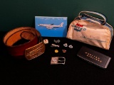 Collectible and Vintage United Airlines Flight Bag, Brass Buckle, Tie Clip, Pins and More!