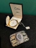 Calibri Quartz Pocket Watch and Silver Toned Belt Buckle with Agate Centerpiece