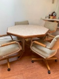 Oak & Formica Hexagon Dining Table with 4 Mobile Club Chairs