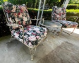 2 Wrought Iron Patio Chairs with Upholstered Cushions and Side Table