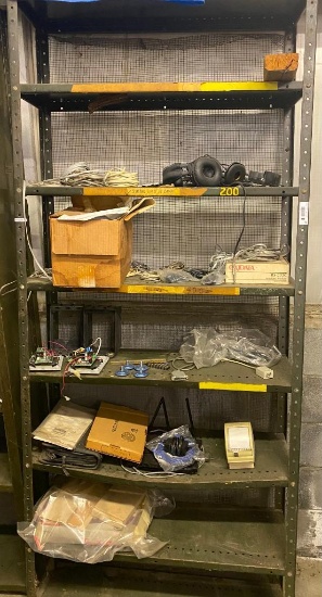 Metal Shelf Unit with Contents (Cables, Components, and Earphones)