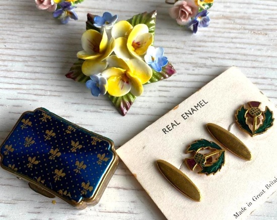 English Swag - Stratton Fleur-De-Lis Pill Box, Aynsley Fine Bone Pin, Earrings & Enamel Cuff Links