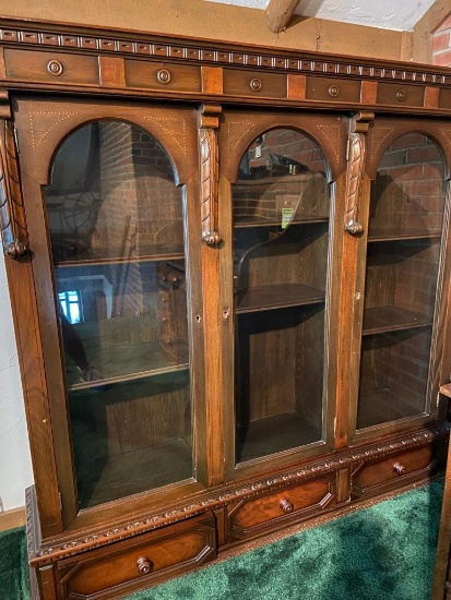 Solid Wood Library Hutch Book / Display Case with Arched Glass Doors