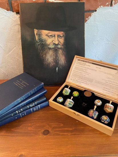 Hand Painted Dreidel Set & Commemorative Medal and 4 Books from the Hebrew Bible