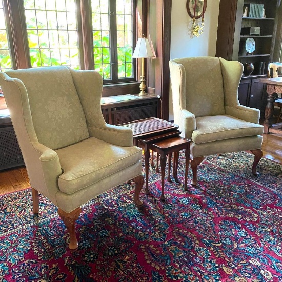 Matching Pair of Wingback Chairs Upholstered in Elegant Linen Fabric
