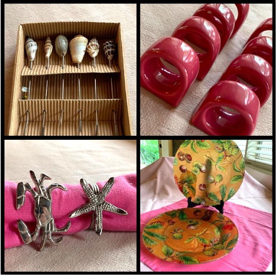 Mixed Party Lot - Seashell Seafood Picks, Ceramic, Starfish & Crab Napkin Rings & Decorative Plates