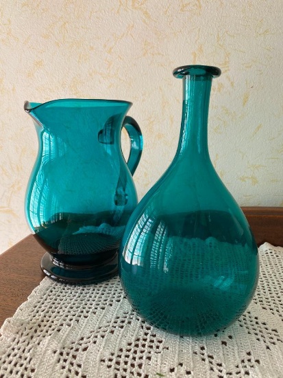 Handblown Pitcher and Matching Vase