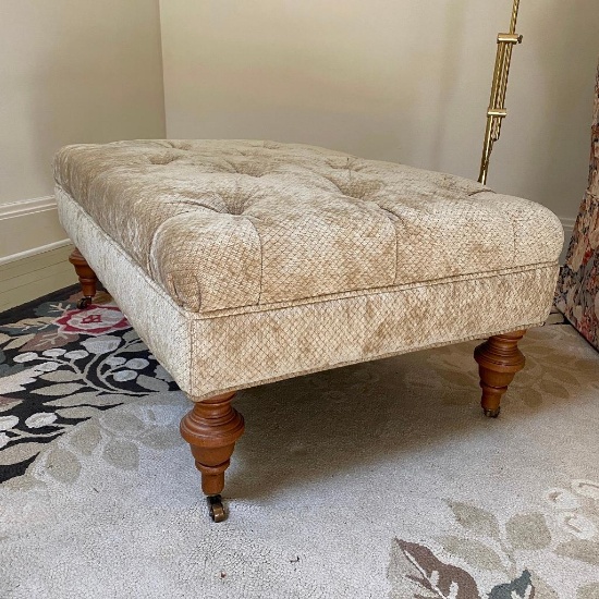 Large Tufted Ottoman with Carved Wooden Legs & Brass Casters
