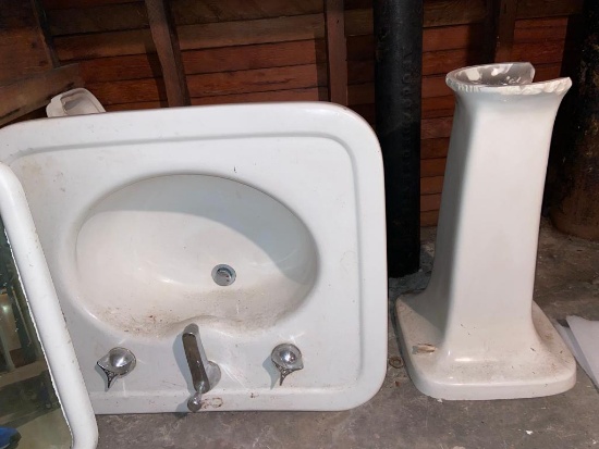 Vintage Bathroom Pedestal Sink, Hardware and Mirror