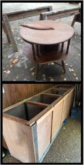 Pair of Saw Horses, Circular Wooden Table & Huge 4 Door Sorting & Recycling Bin