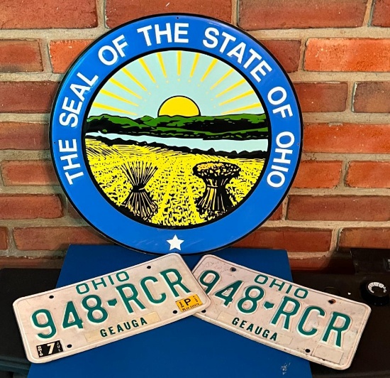 Ohio State Seal Metal Sign with Two Vintage License Plates
