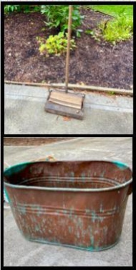Antique Copper Boiler Wash Tub with an Amazing Patina, Vintage Carpet Sweeper and Rope