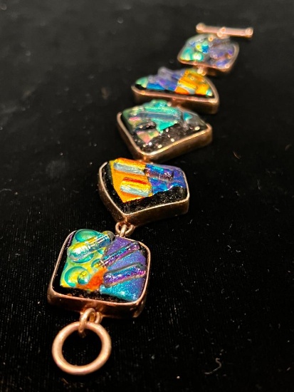 Vintage Sterling Silver Dichroic Glass Mosaic Bracelet - Marked 925