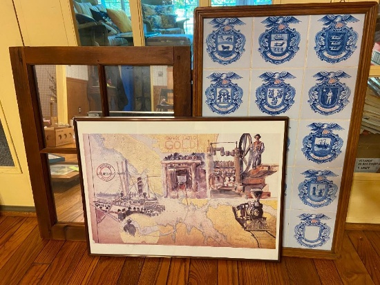 3 Piece Americana Art: Tiles of 13 colonies Northern Pacific Railroad Gold Rush Map