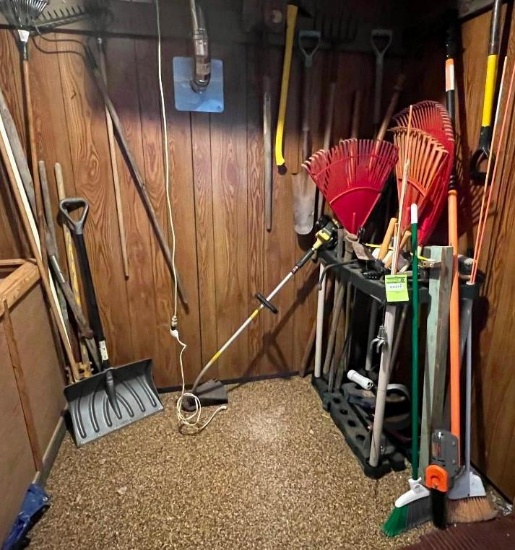 Large Lot of Outdoor Yard Tools, John Deere Trimmer, Chainsaw & Stand to Keep them Organized