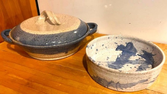 Vintage Farmhouse Stoneware Cottage Pottery Casserole with Lid & Serving Dish - Marked