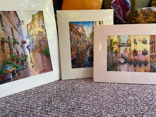 3 Vivid Watercolor Painting Prints of Venice, Italy Matted and Mounted