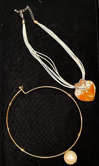 Large Single Pearl Choker and Enameled Heart Necklace