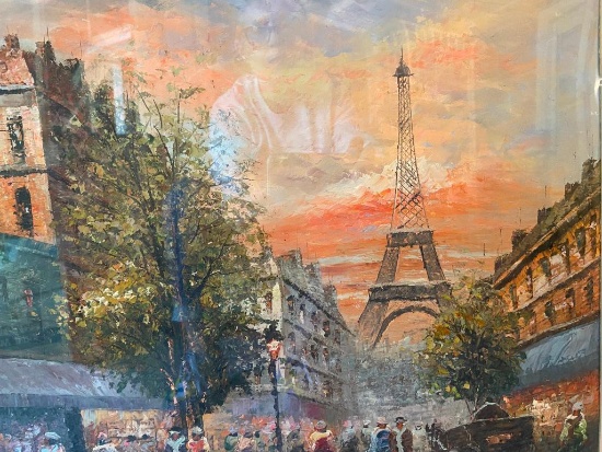 Print of the Eiffel Tour and Street Scene in Paris Painting Mounted and Sealed