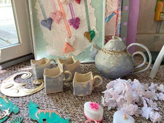 Judie Bomberger Watercolor, Ceramic Tea Set and Mixed Media Handmade Paper Artworks + Decor