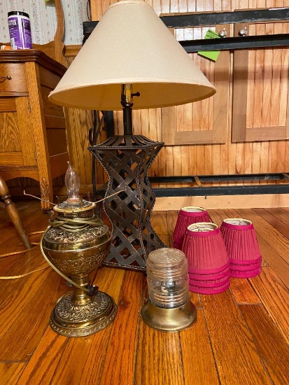 3 Electric Lamps- Nautical, Refitted Oil Lamp and Table Lamp + Mini Shades