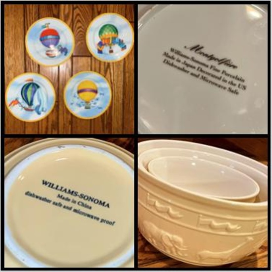 Williams Sonoma Circus Theme Nesting Bowls (3) & Montgolfiere Hot Air Balloon Salad Plates (7)