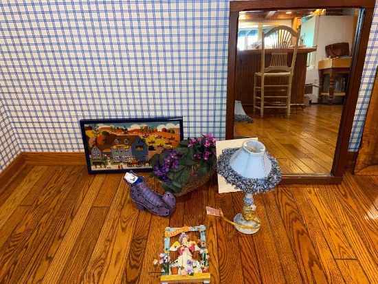 Large Framed Mirror, Small Table Lamp and Room Decor