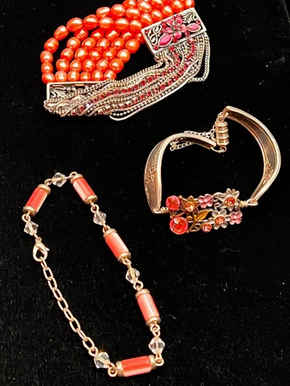 Coral, Pink Pearl and Floral Bracelets