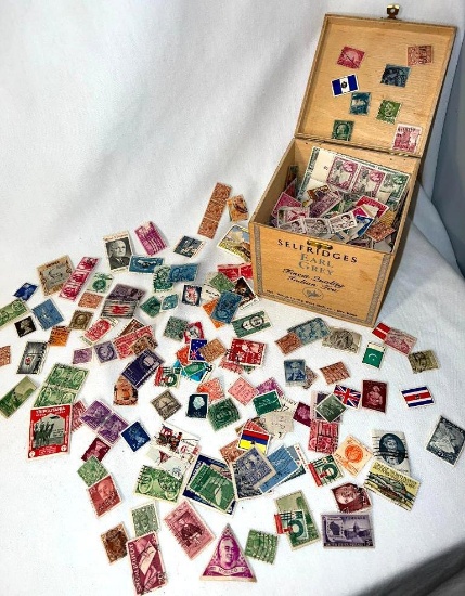 Wooden Box FILLED with Stamps of the World! Germany, Monoco, Yugoslavia, Netherlands, Italy, Denmark