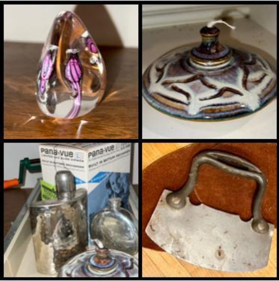 Mix Lot- Art Glass, Pewter Flasks, Pana-Vue Film Slide, Primative Steel Chopper & Pottery Oil Burner
