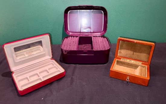 Vintage Red Velvet, Leather Locking and Purple Slide Out Multi Tier Jewelry Boxs