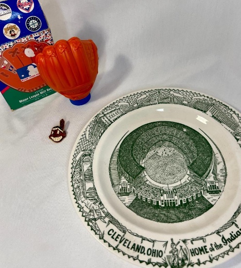Vintage & Retired Chief Wahoo Pin, Mitt Decanter & Cleveland Indians Stadium Commutative Plate