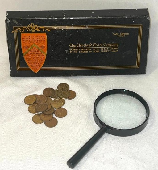 The Cleveland Trust Co....Tin Safe Deposit Box, Vintage Brass Arcade Tokens & Magnifying Glass