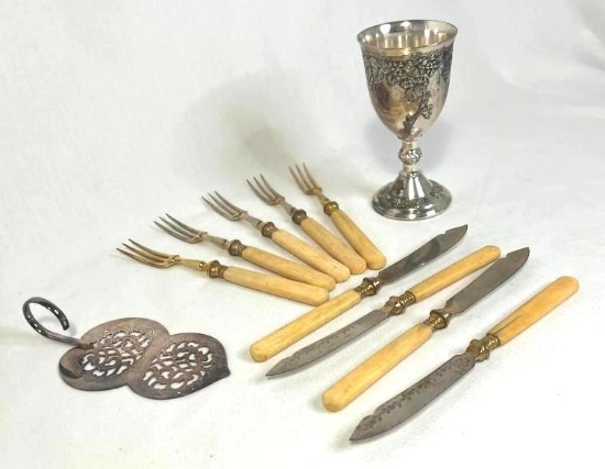 Vintage Bone Handled Silverware, Silver Plated Cake Server & Jewish Kidduch Cup