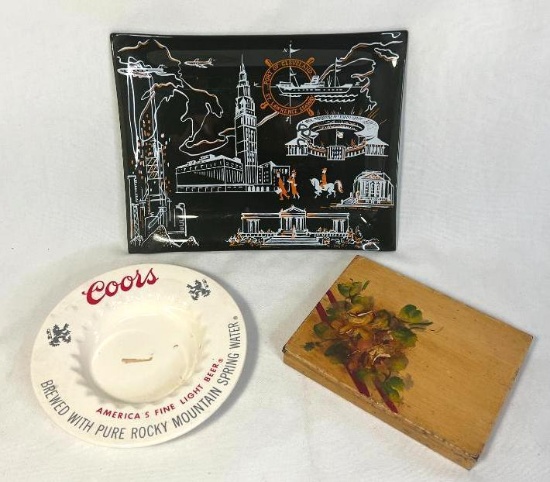 Vintage Chesterfield Cigarette Tin, Coors Ashtray & Smoked Glass Port of Cleveland Tray